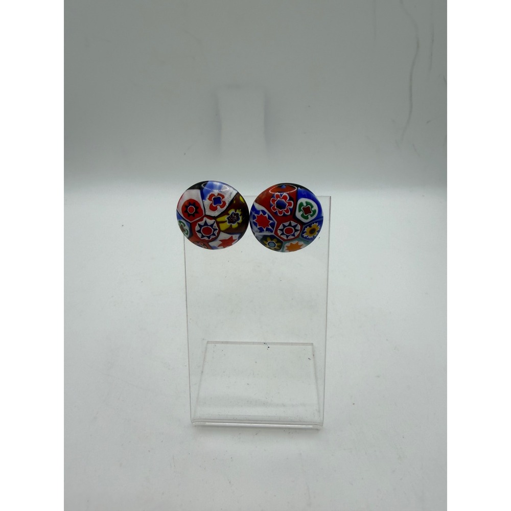 Vintage Murano Millefiori Glass Clip On Earrings Multi Color Floral Mosaic 0.75"